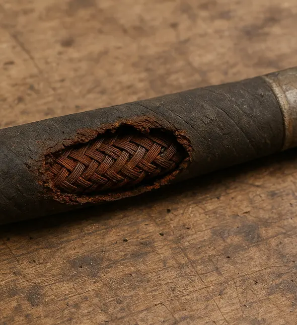 Damaged hydraulic hose showing exposed woven reinforcement, highlighting the need for repair services from JSD Equipment.