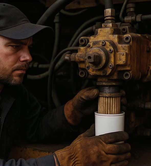 Man performing hydraulic filter replacement on heavy machinery, emphasizing JSD Equipment's mobile repair service expertise.