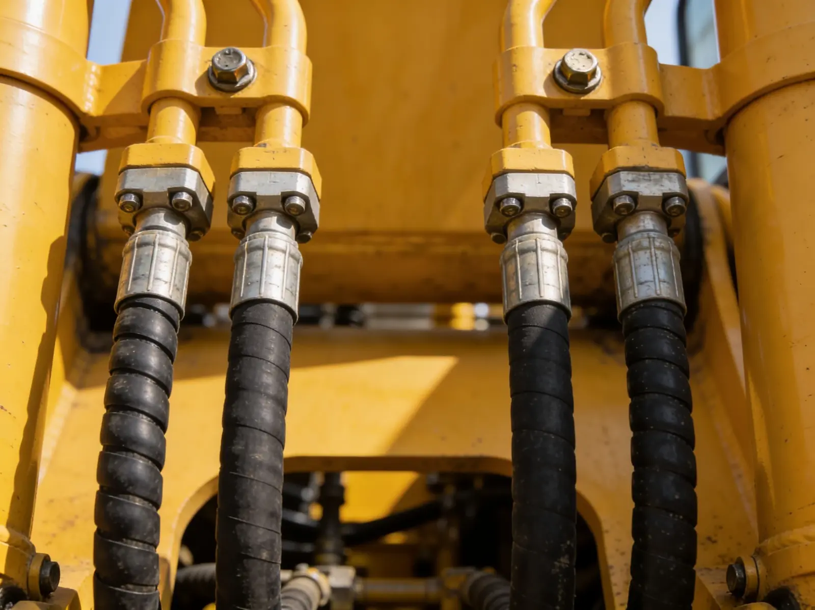 Close-up of hydraulic hoses and fittings on an excavator boom — the lines JSD repairs and replaces on-site.